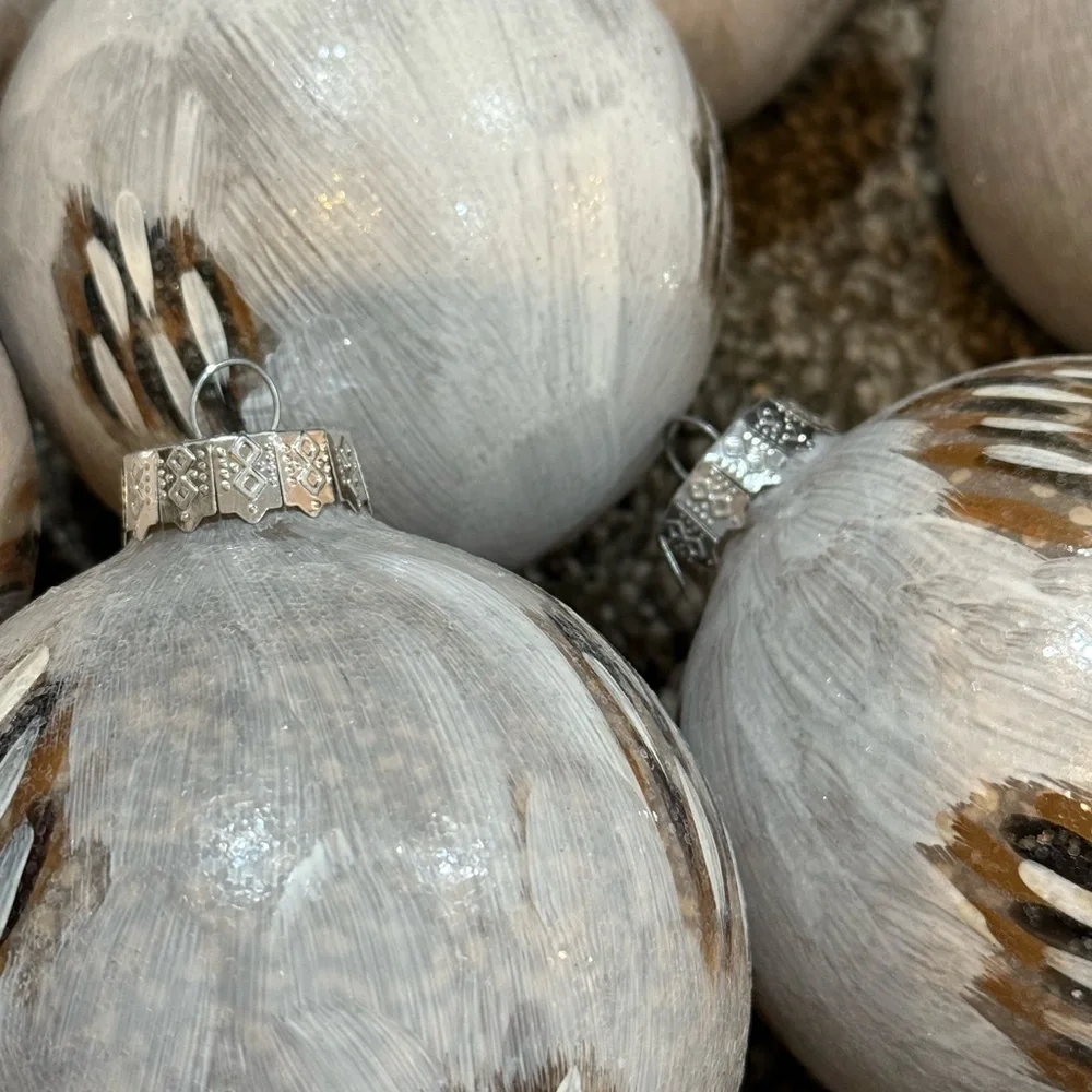Vintage Pier 1 Glass Feather Christmas Ornaments - Set of 11 Cream Brown Black.